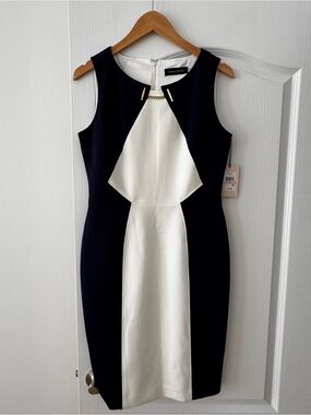 Ivanka Trump Navy Blue and White Colorblock Sheath Dress with Gold Accent